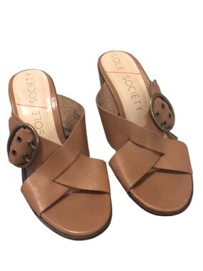 Sole Society Tan Corrine Leather Buckle Criss Cross Block Heel Sandals Shoes 8.5